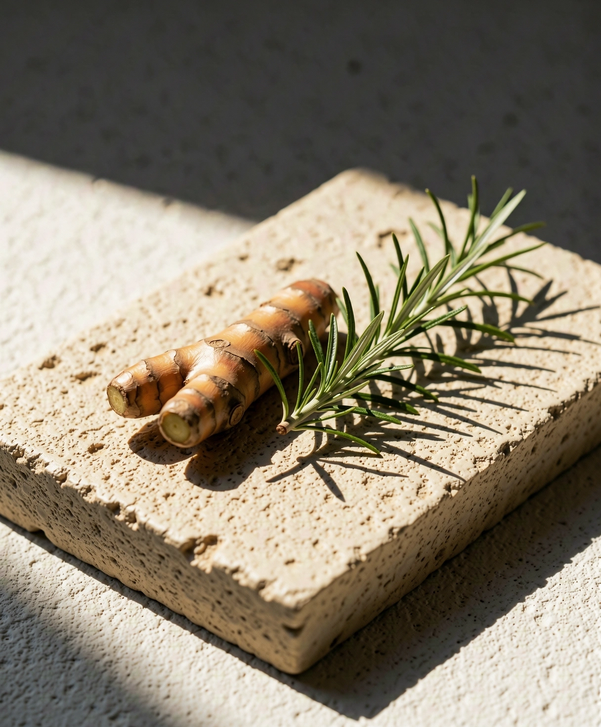 Akar kunyit dan rosemary di atas batu